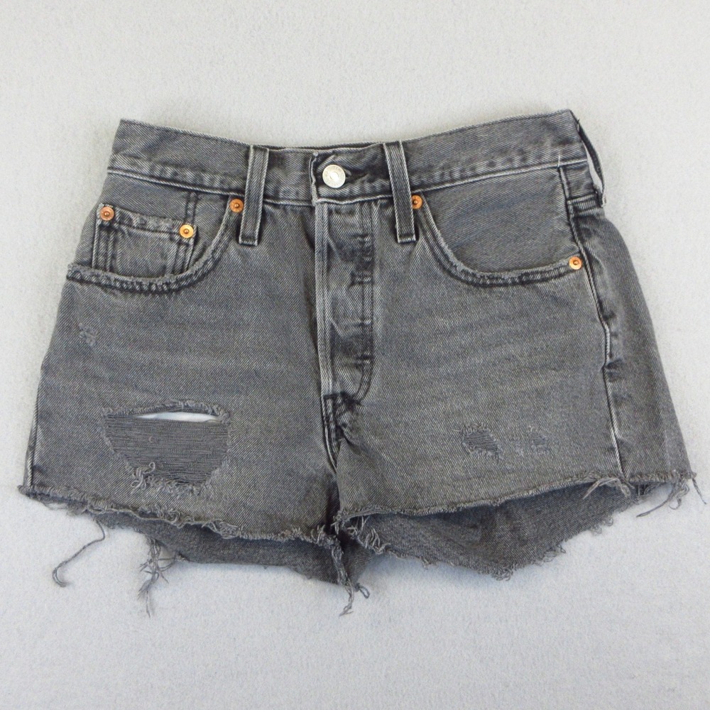 Levi's 501 Shorts Women W25 Gray Distressed Denim Cut Off High Rise Button Fly